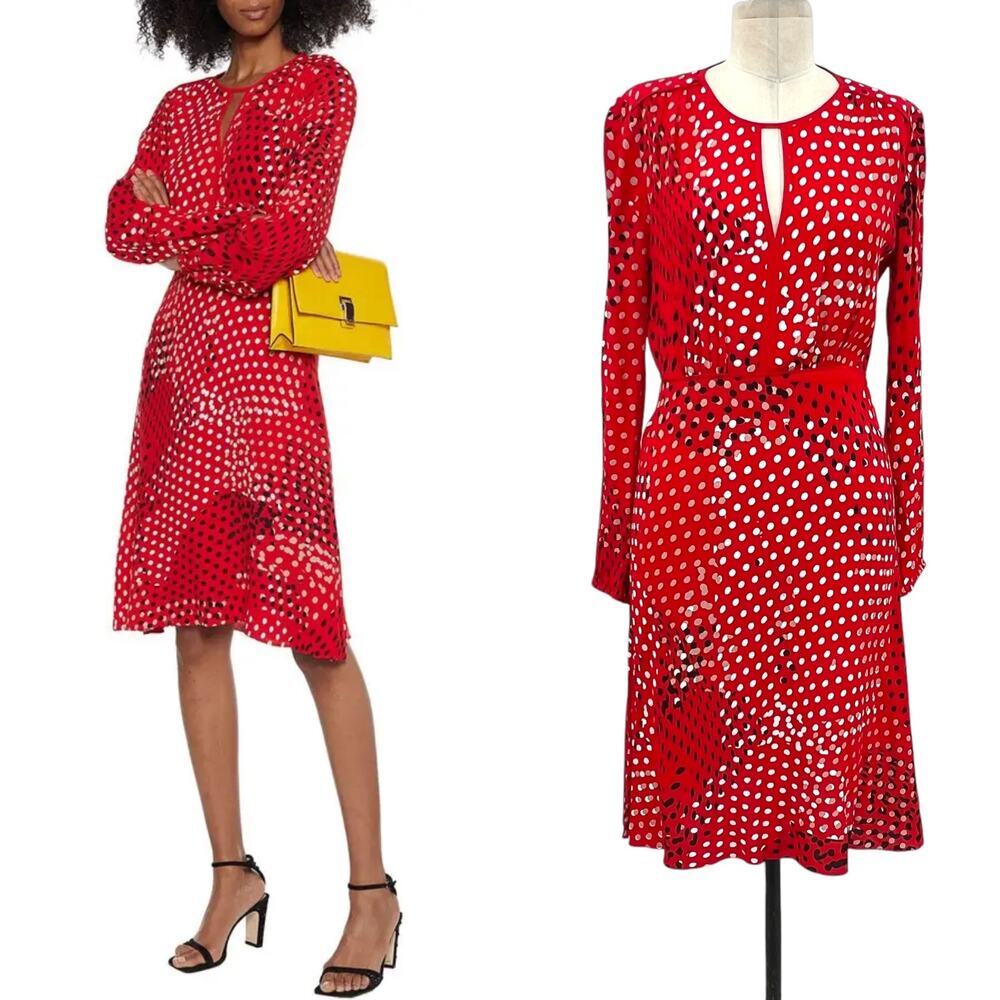 Diane von Furstenberg Andrea Polka‎ Dot Crepe Dress Long Sleeve Red Size 2